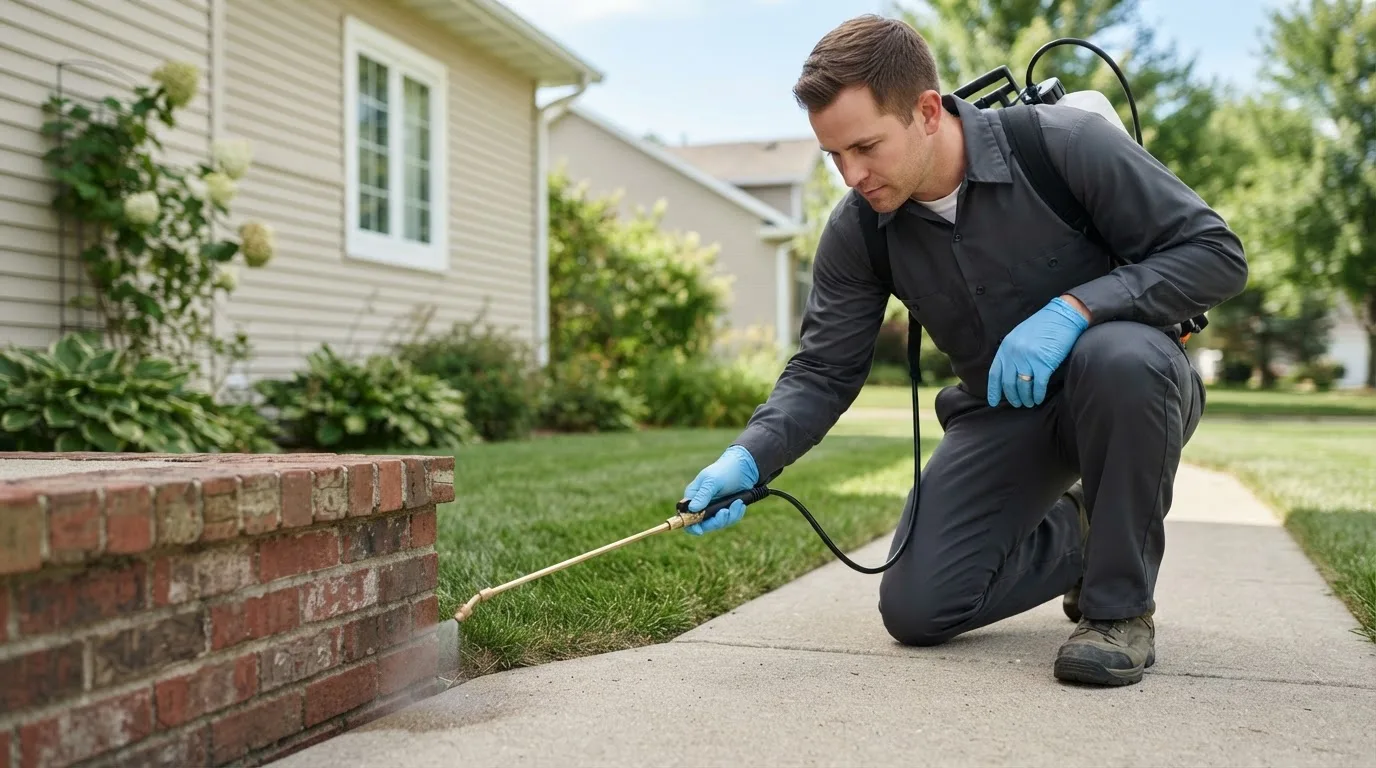 Pest control technician treating a home near Dickerson Run, PA