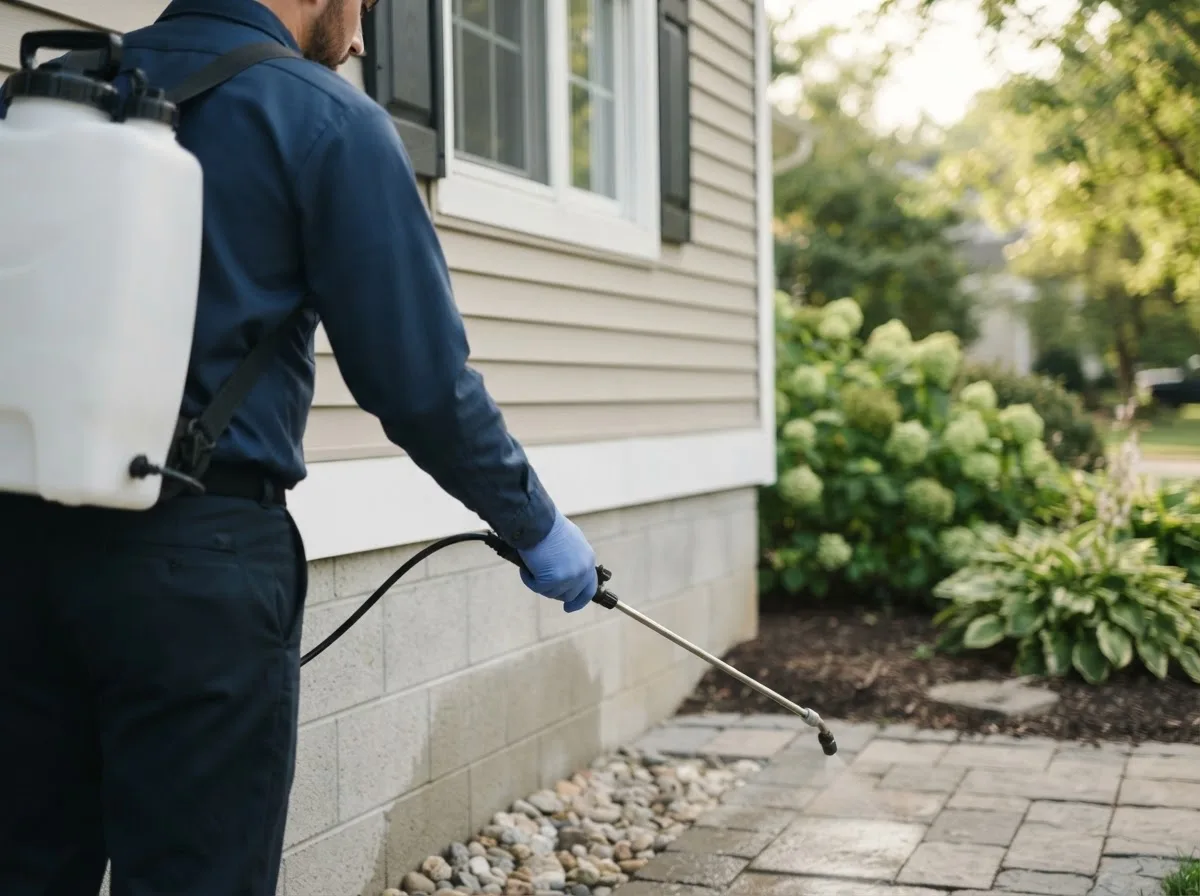 Pest control technician inspecting a home in Dickerson Run, PA